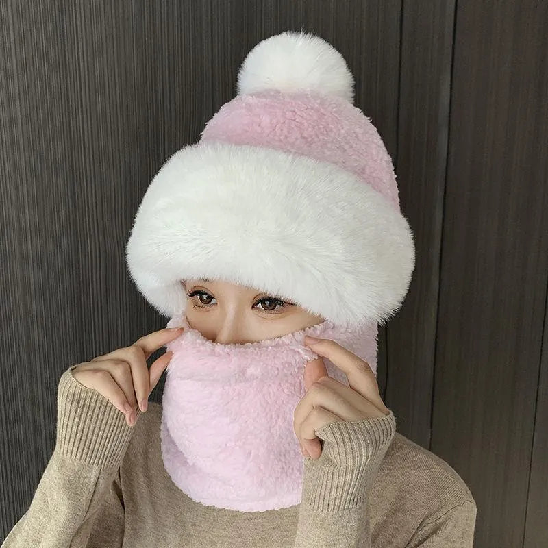 Women's Winter Beanie - Pom-Pom Balaclava with Scarf