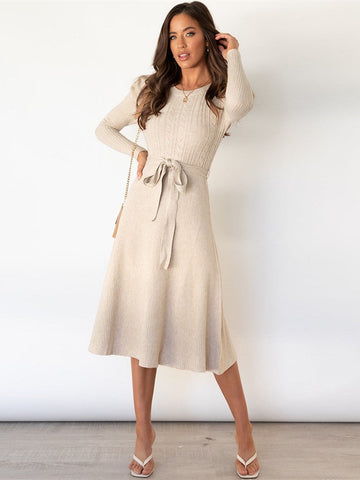Women's Knitted Dress - Puff Sleeves with Self-Tie Belt