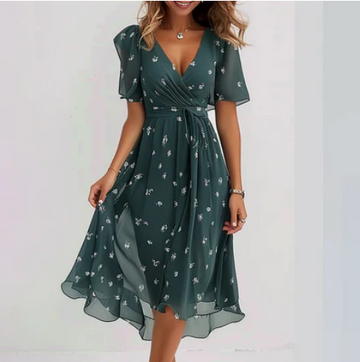 Elegeant Green Floral Wrap Midi Dress for Women