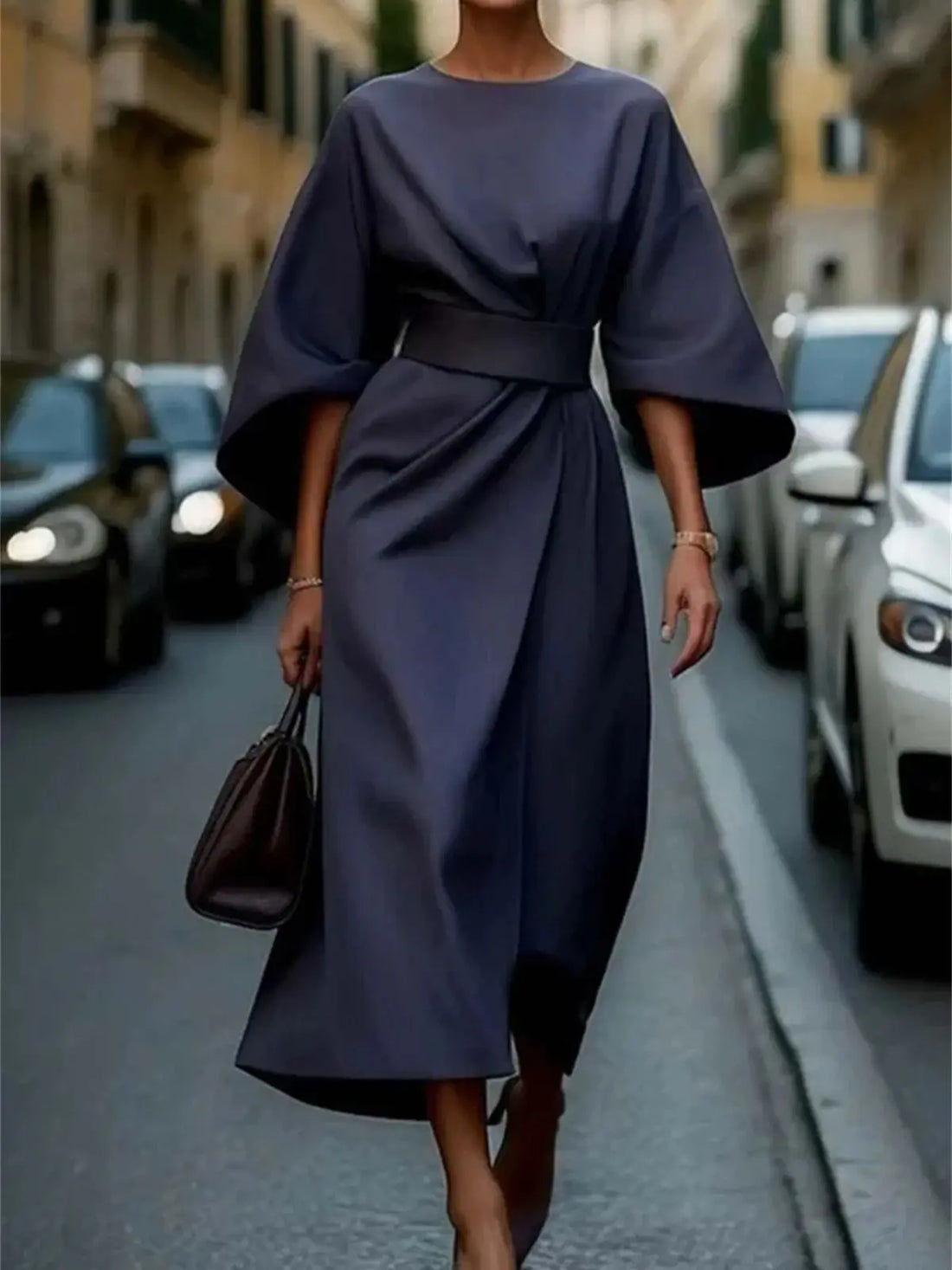 Elegant A-Line Maxi Dress with Belted Waist and Bell Sleeves for Women