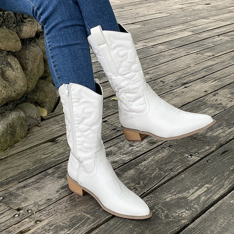 Women's Calf-Length Cowboy Boots - Metallic & Zipper