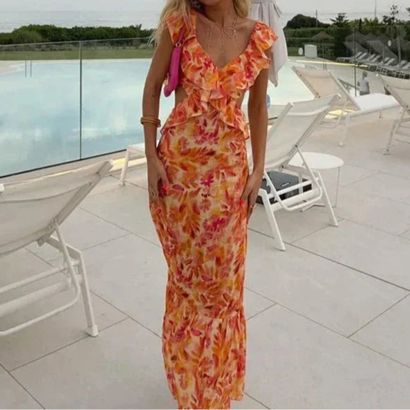 Vibrant Orange Ruffle Maxi Dress for Women