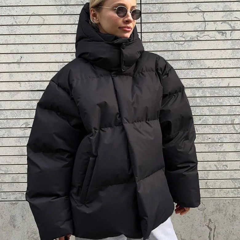 Women's Oversized Puffer Jacket - Winter High Neck Hood Design