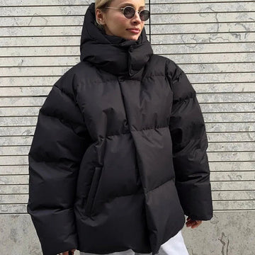 Women's Oversized Puffer Jacket - Winter High Neck Hood Design