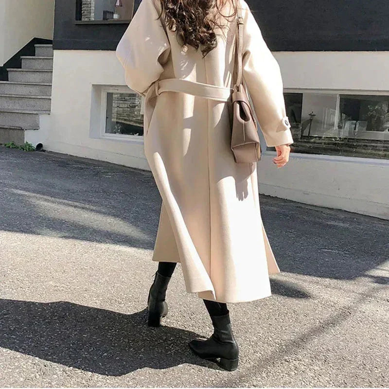 Women's Long Belted Trench Coat - Elegant Winter Outerwear