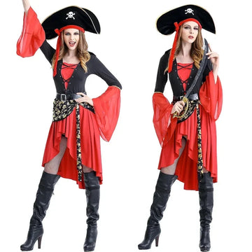 Women's Pirate Captain Halloween Costume Dress - Red & Black with Hat