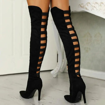 Women's Knee-High Boots - Strappy Cut-Out with High Stiletto Heel