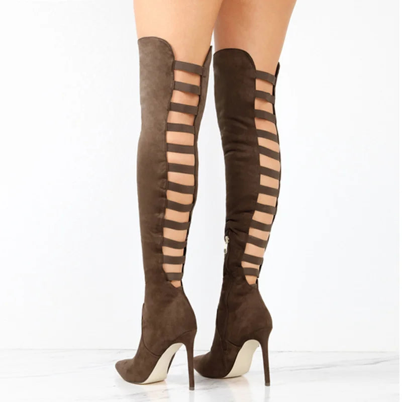 Women's Knee-High Boots - Strappy Cut-Out with High Stiletto Heel