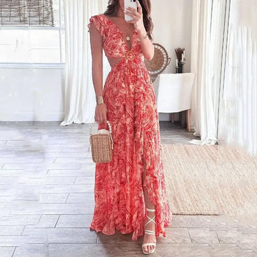 Wedding Guest Dress, Floral Ruffle Maxi Dress, Red Blue Pink