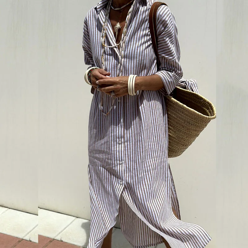 Women's Striped Long Sleeve Shirt Dress - Casual Office Elegant