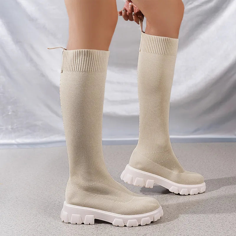 Women's Knee-High Boots - Sock Fit Pull-On with Chunky Lug Sole