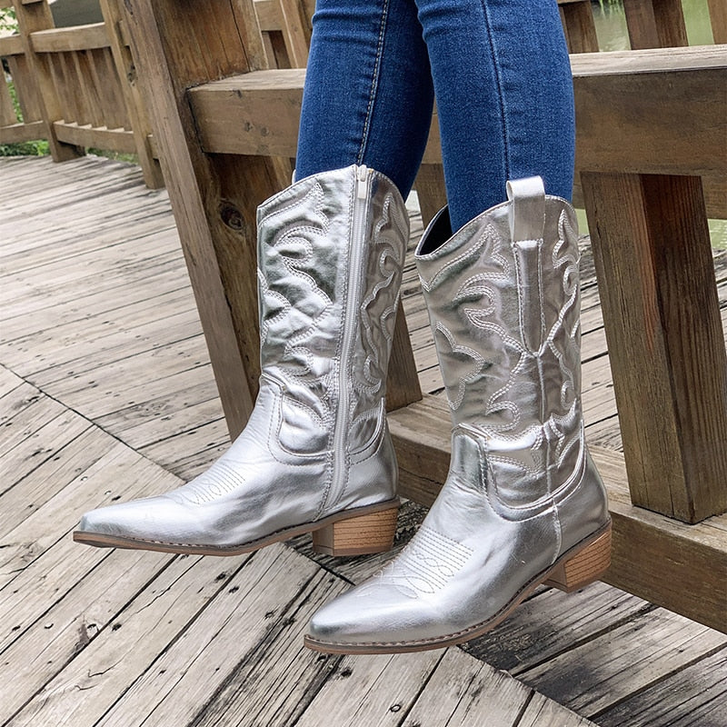 Women's Calf-Length Cowboy Boots - Metallic & Zipper