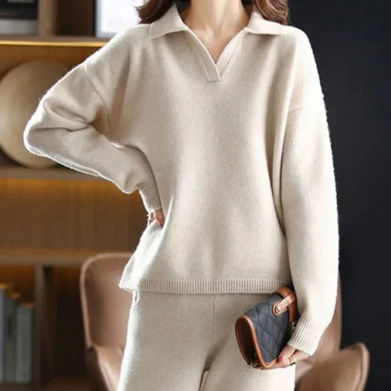 Women's Two Piece Set - Polo Neck Jumper with Wide Leg Trousers
