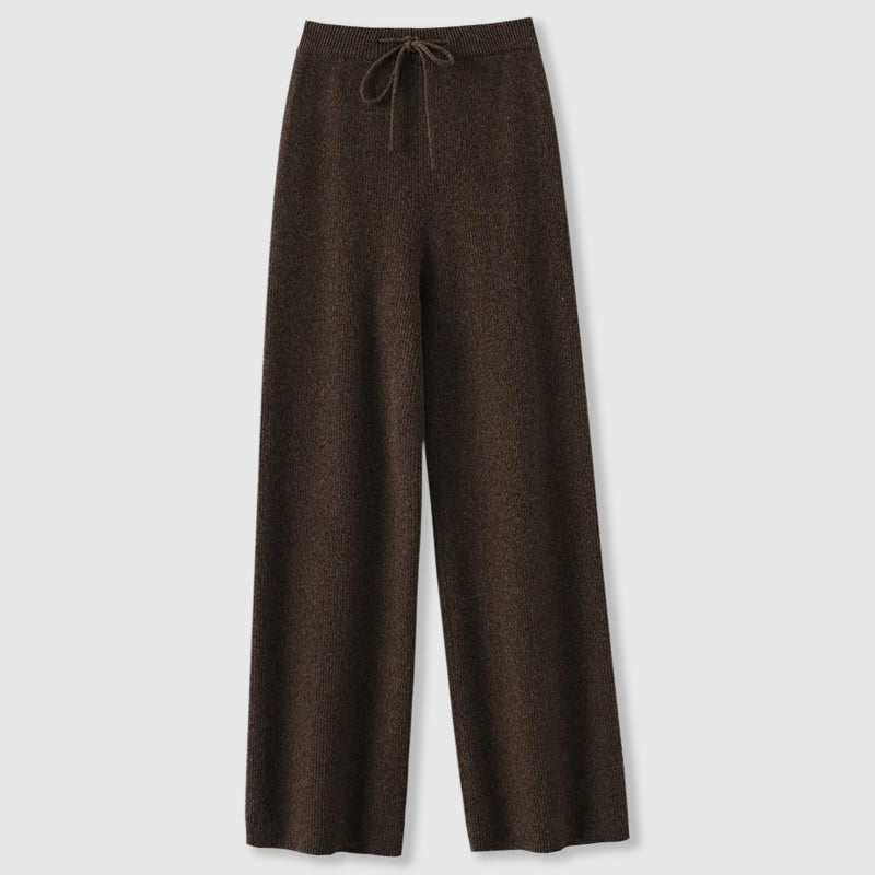Women's Wide-Leg Trousers - Ribbed Texture and Drawstring Waist