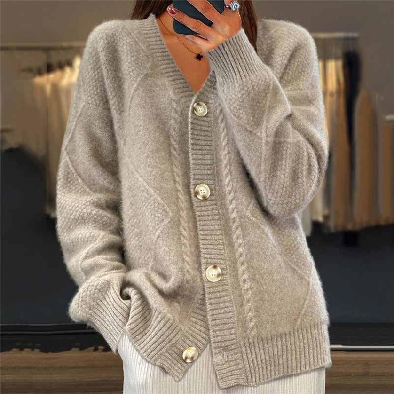 Women's Button-Front Cardigan - V-Neck with Diamond Knit Pattern