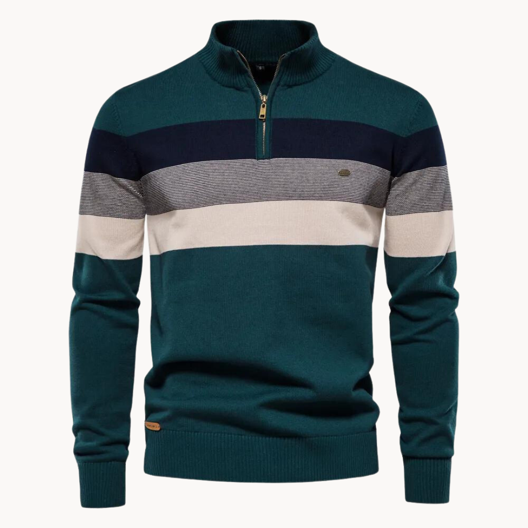 Men's Striped Jumper - Quarter-Zip and Stand Collar