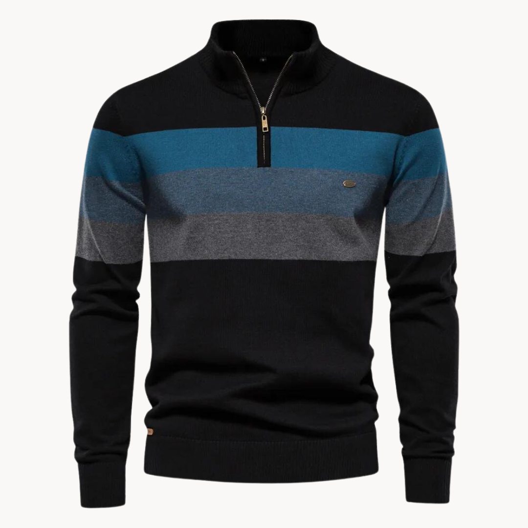 Men's Striped Jumper - Quarter-Zip and Stand Collar