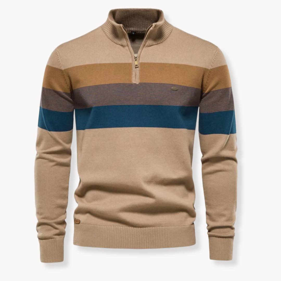 Men's Striped Jumper - Quarter-Zip and Stand Collar