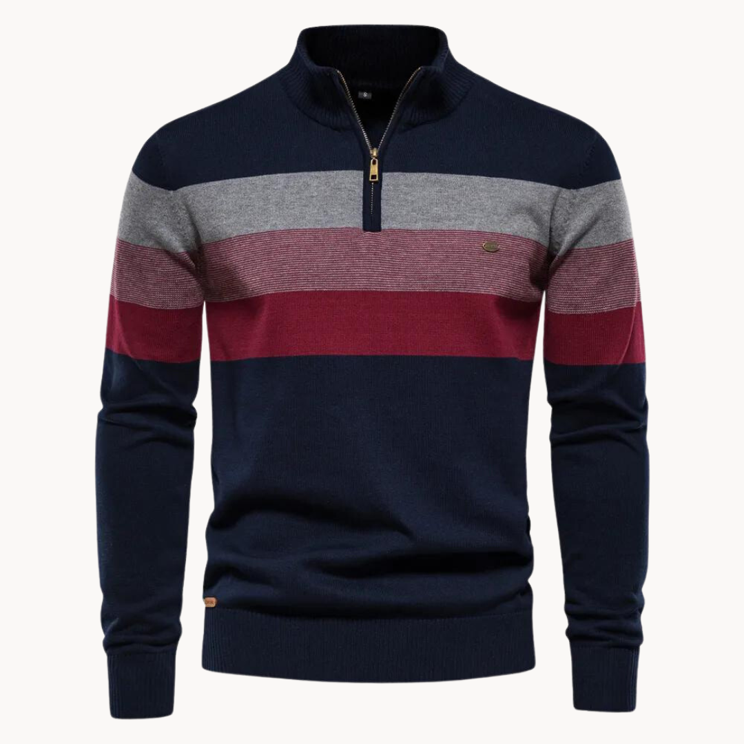 Men's Striped Jumper - Quarter-Zip and Stand Collar