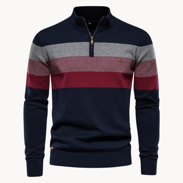 Men's Striped Jumper - Quarter-Zip and Stand Collar