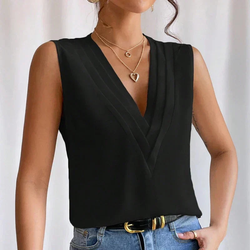 Women's Sleeveless V-Neck Pleated Top - Elegant Casual