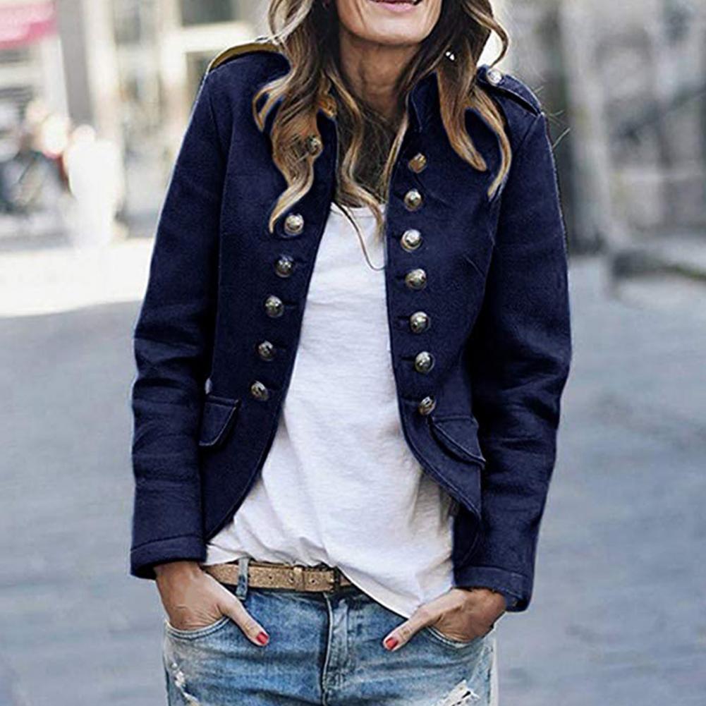 Women's Military-Style Jacket - Double-Breasted with High-Neck Collar