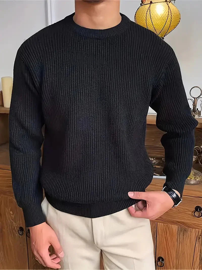 Men's Black Ribbed Jumper - Crew Neck and Relaxed Fit