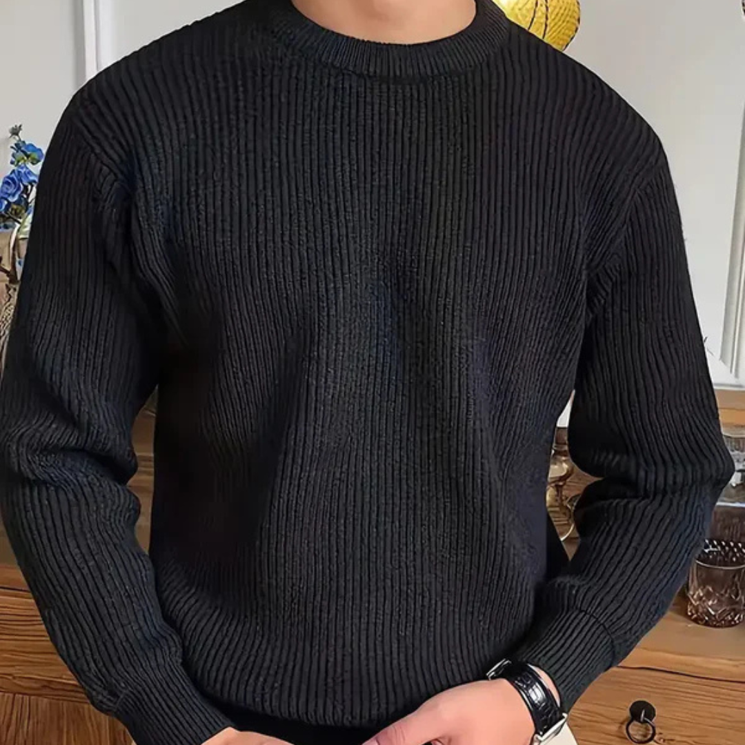 Men's Black Ribbed Jumper - Crew Neck and Relaxed Fit