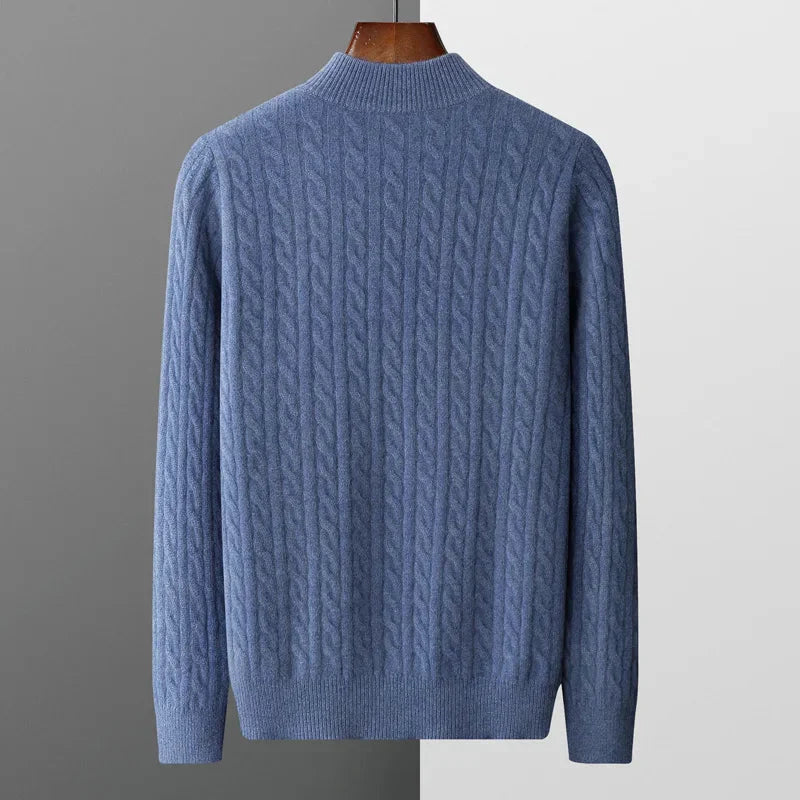 Men's Cable Knit Jumper - High Neck Quarter Zip