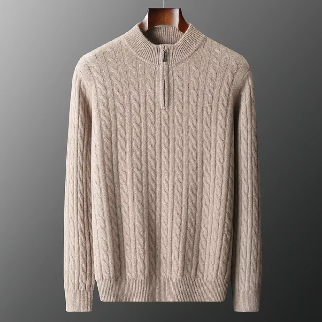 Men's Cable Knit Jumper - High Neck Quarter Zip