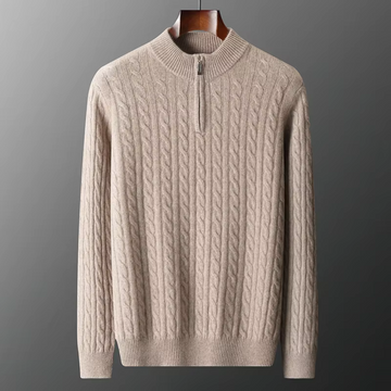 Men's Cable Knit Jumper - High Neck Quarter Zip