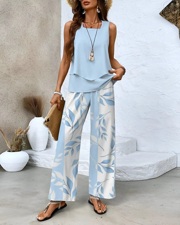 Printed Sleeveless Top and Wide-Leg Trousers Set for Women