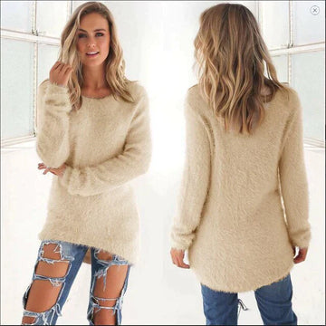 Women's Jumper - Fluffy Crew Neck with Dipped Hem