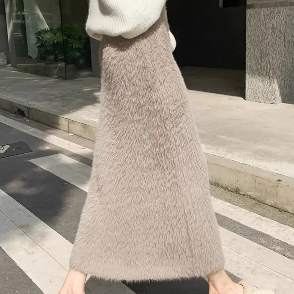 Women's Faux Fur Khaki Midi Skirt - Elegant and Cosy