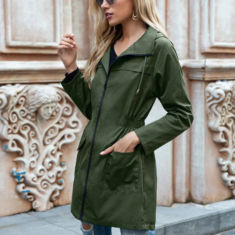 Women's Waterproof Long Hooded Jacket - Adjustable Waist Style