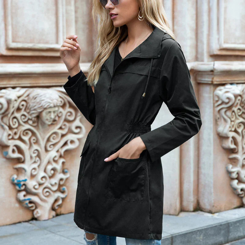 Women's Waterproof Long Hooded Jacket - Adjustable Waist Style