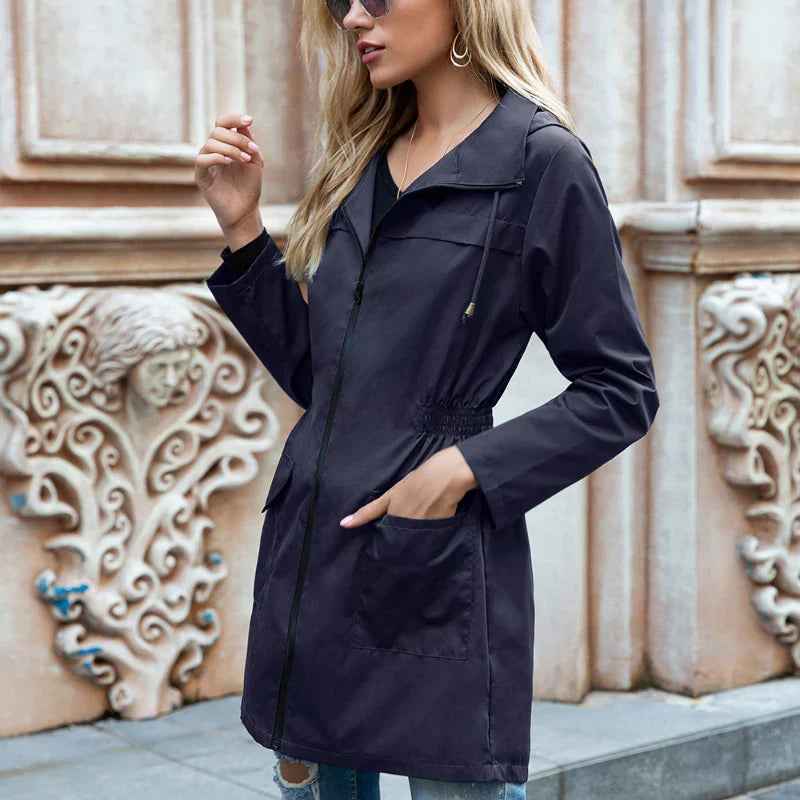 Women's Waterproof Long Hooded Jacket - Adjustable Waist Style