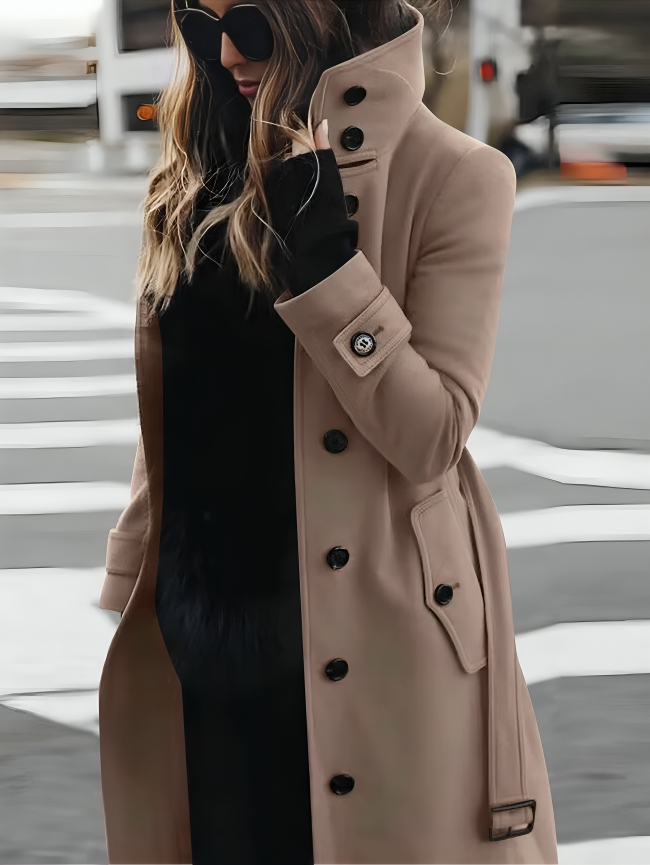 Women's Coat - Long with High Collar and Tie-Belt