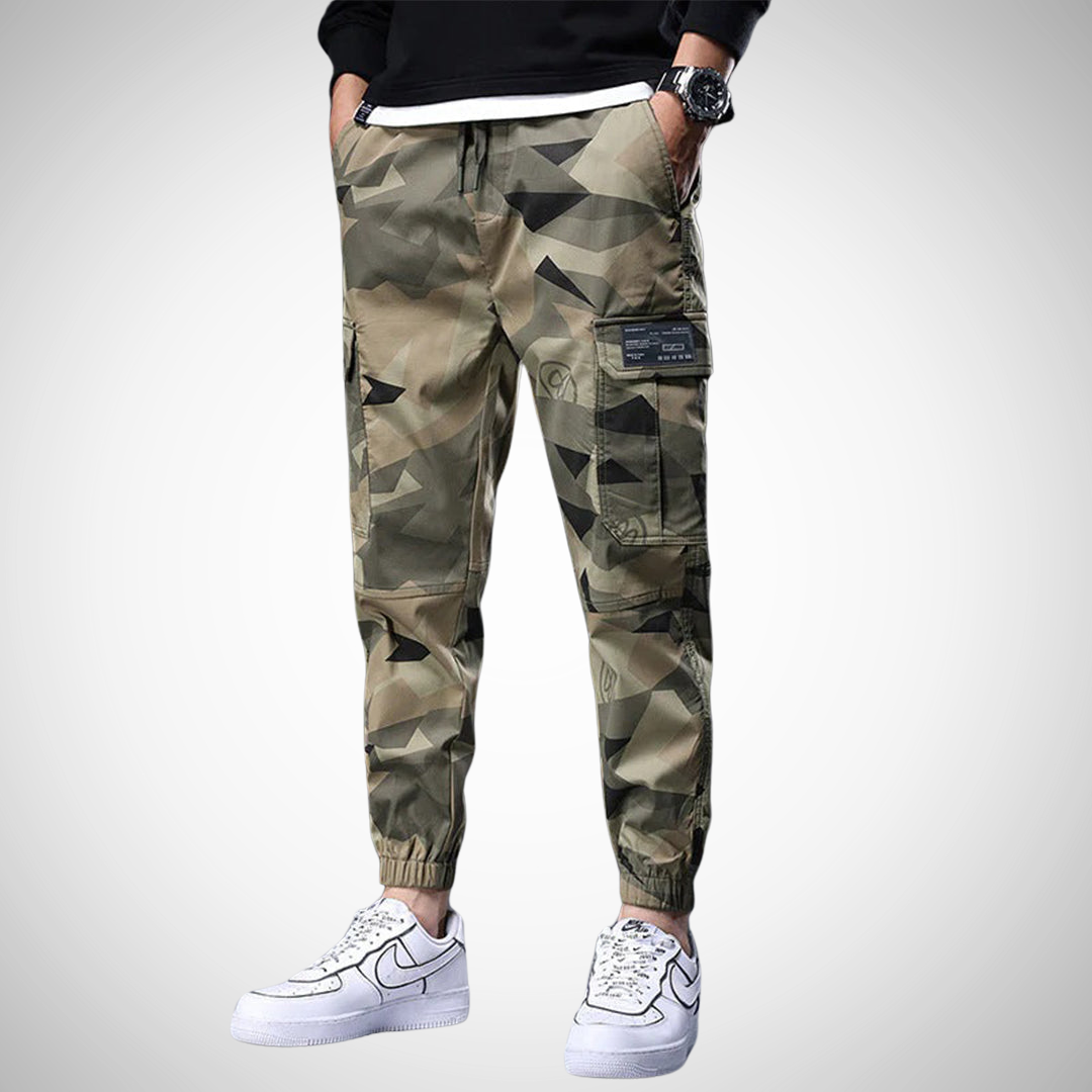 Men's Cargo Trousers - Camouflage Print with Elastic Cuffs