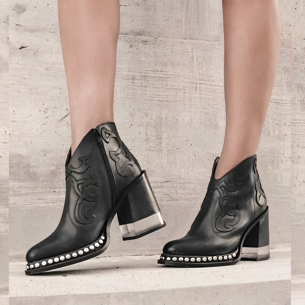 Women's Ankle Boots - Western-Inspired Design with Translucent Block Heel