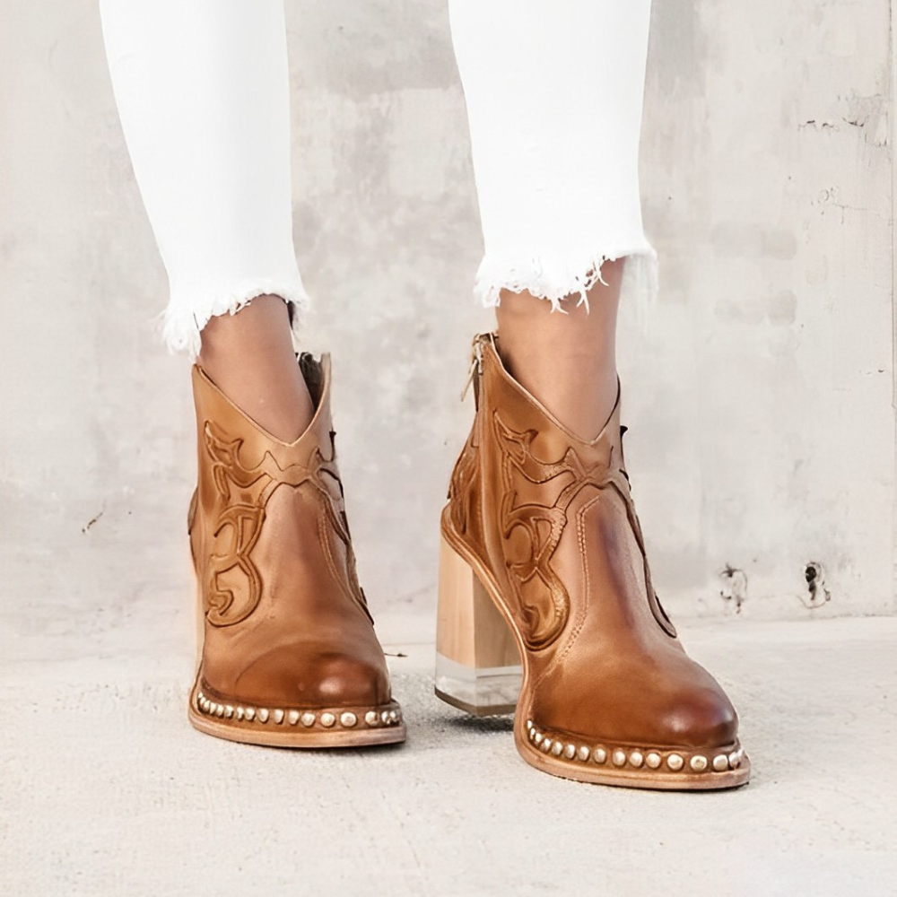 Women's Ankle Boots - Western-Inspired Design with Translucent Block Heel