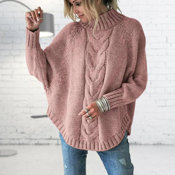 Women's Jumper - Funnel Collar with Cable Knit Pattern