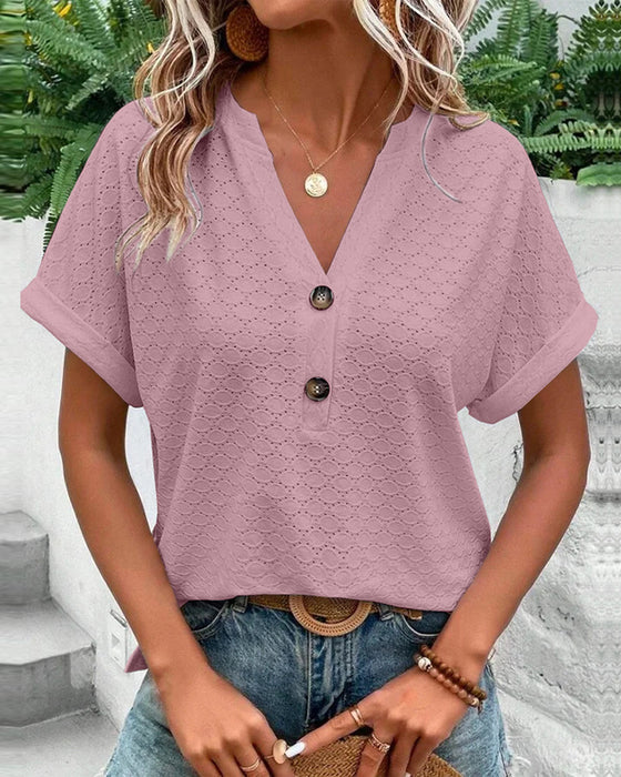 Women's V-Neck Button-Up Blouse - Short Sleeve Textured Casual
