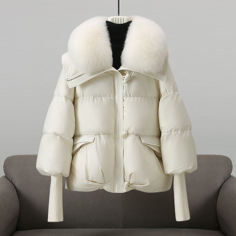 Women's Puffer Jacket - Wide Collar with Zip and Snap Closure