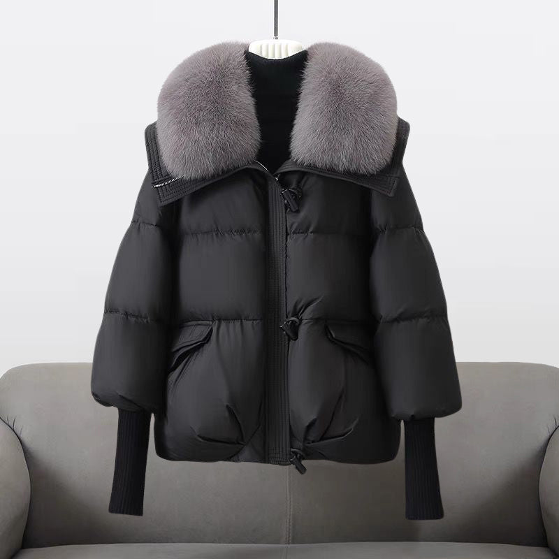 Women's Puffer Jacket - Wide Collar with Zip and Snap Closure
