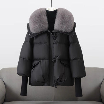 Women's Puffer Jacket - Wide Collar with Zip and Snap Closure