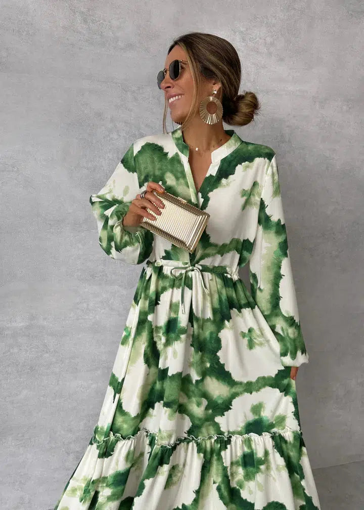 Elegant and Casual Green Long-Sleeve Dress for Women