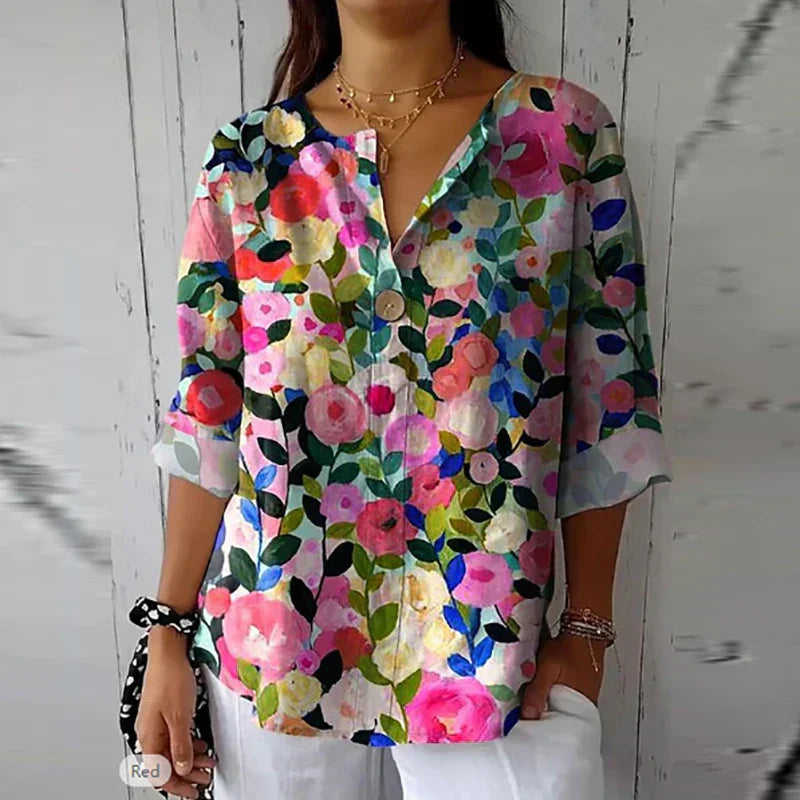 Elegant Floral Button-Up Long Sleeve Blouse for Women