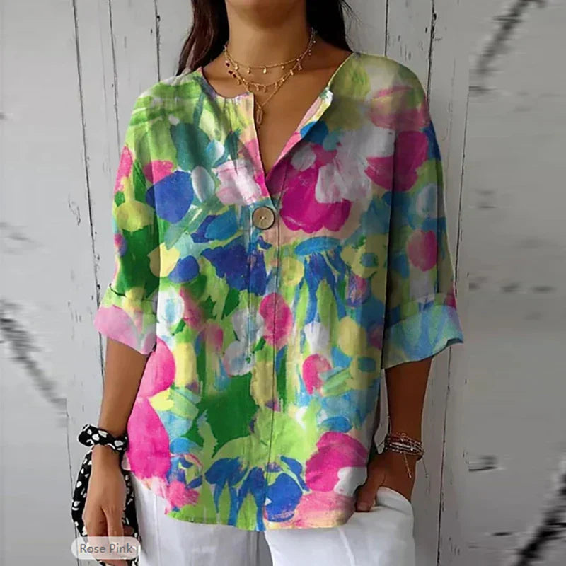 Elegant Floral Button-Up Long Sleeve Blouse for Women