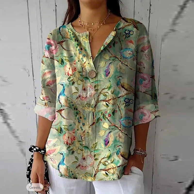 Elegant Floral Button-Up Long Sleeve Blouse for Women